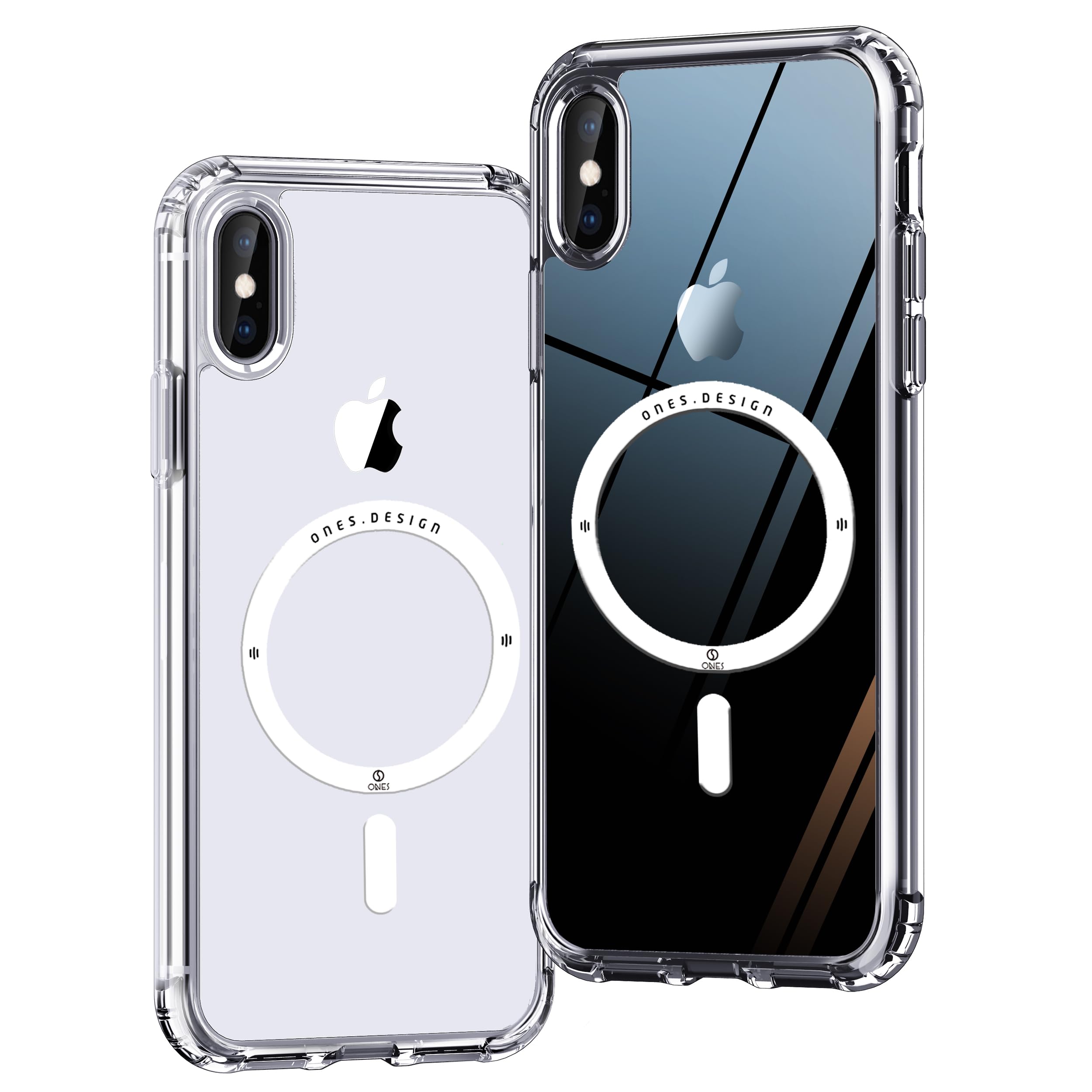ONES HD超透明 iPhone Xs X 超強磁性MagSafe対応 ハードケース 米軍MIL規格 エアバッグ 超耐衝撃 レンズ保護 画面保護 「 高靭性強化PC保護板 ✚ 高弾性衝撃吸収·シリコンバンパー 」 Qiワイヤレス充電 傷防止 滑り止め 超軽量 持ちやすい 黄ばみ防止 クリア マグネット カバー