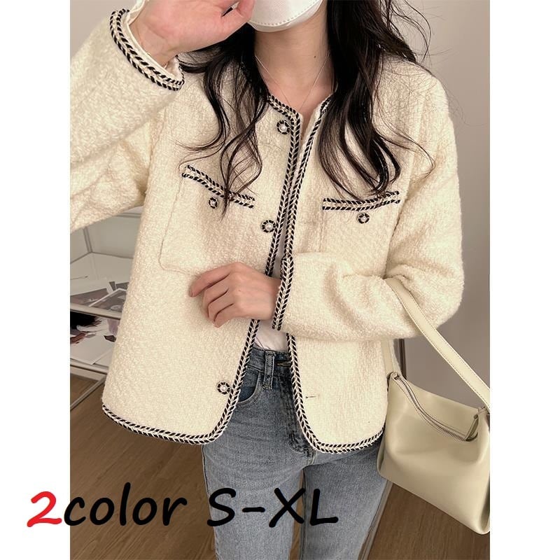 ノーカラージャケット トップス レディース 長袖 ノーカラー ジャケット ツイード 丸首 ゴールド ボタン きれいめ 上品 エレガント 通勤 通学 仕事 仕事用 仕事着 30代 40代 50代 春 秋 冬 入学式 卒業式 フォーマル セレモニー 黒 白 大人 コーデ コーディネート 韓国 ファッション オルチャン お取り寄せ 送料無料 hll-0572