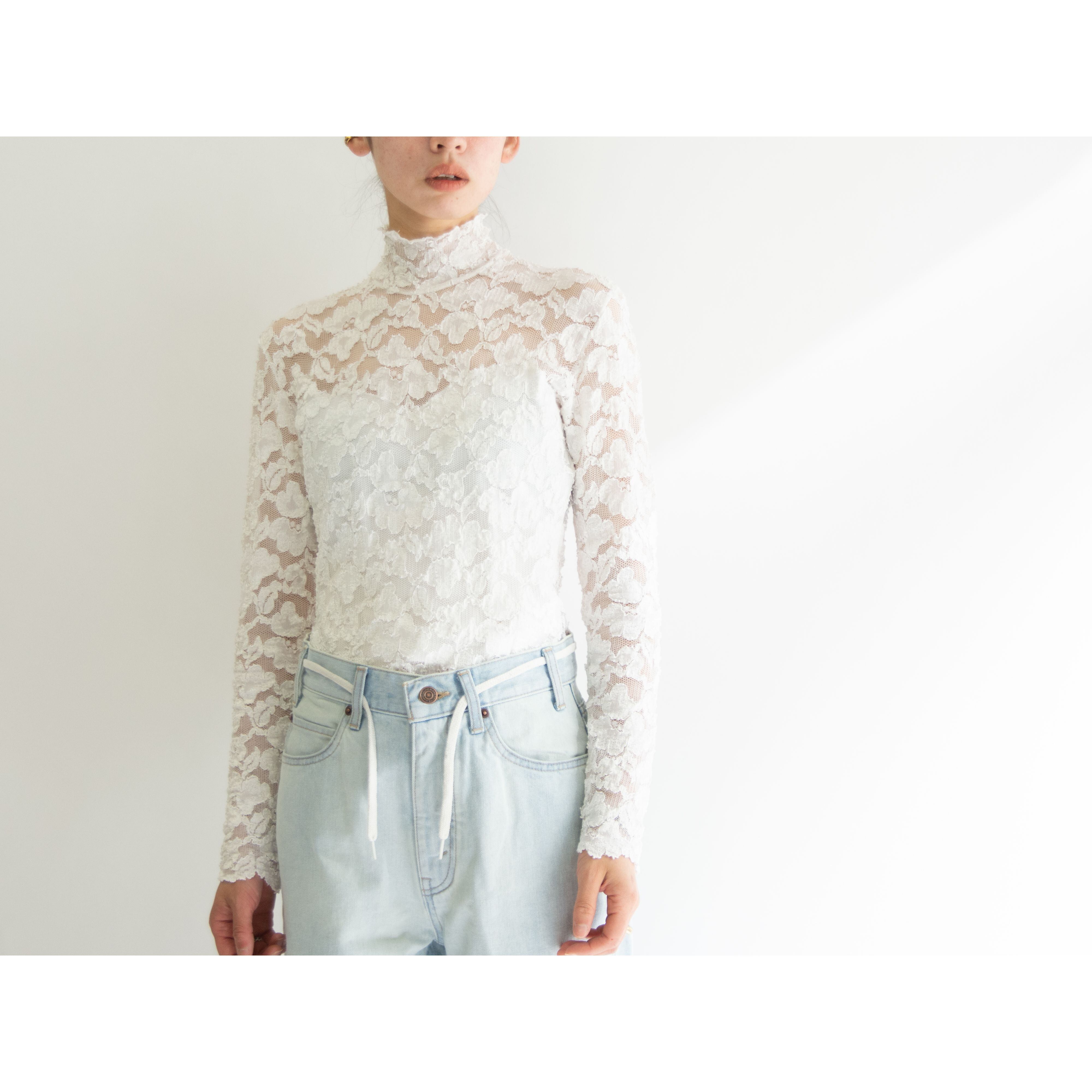 【Hanky Panky】Made in U.S.A. Nylon-Rayon Lace Long Sleeve Top（ハンキーパンキー アメリカ製 ナイロンレーヨン 長袖レーストップ ハイネックプルオーバー）