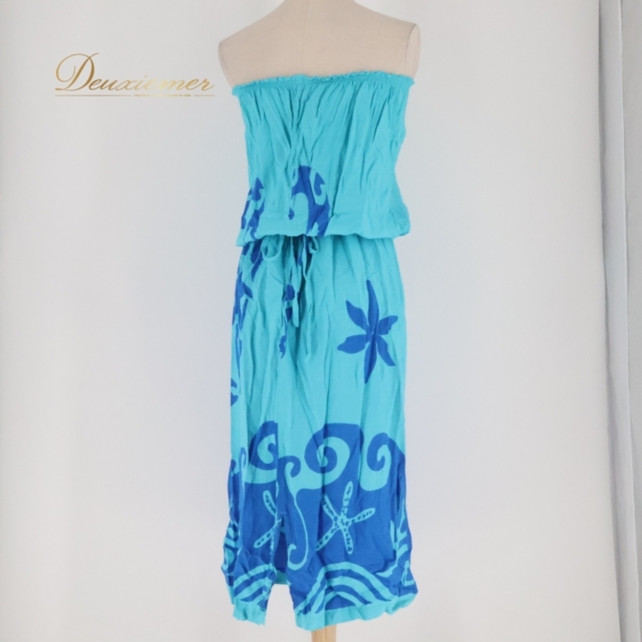 フラダンス 衣装 ワンピース ドレス ハレクアイレア ブルー系 Halekuai Lea 日本製 チューブトップ ワントーン ティアレ柄 かわいい 華やか 鮮やか 明るい 水色 青 ハワイアン アロハ ハワイアンプリント フラ ダンス レッスン 練習 軽やか