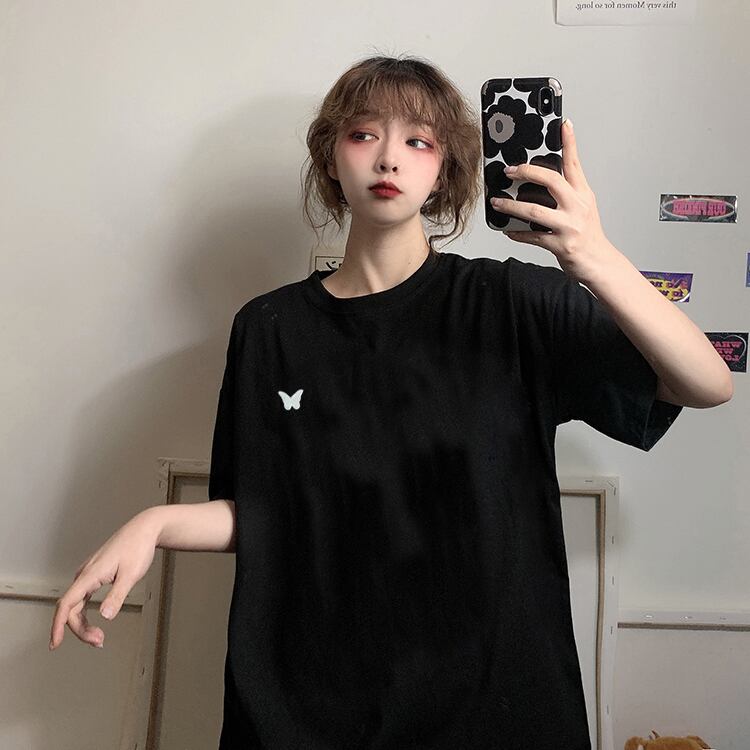 2020年夏の新バージョンのネットレッドファッションバタフライ刺繡ルーズブラック半袖Tシャツレディースインナートップ 1号婦人12439929616