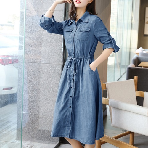 デニムワンピース レディース ワンピース シャツワンピース ミドル丈ワンピース ウエストリボン フロントボタン 襟あり ポロ襟 Ａラインスカート カジュアル お出かけ 無地 シンプル ポケット 女性