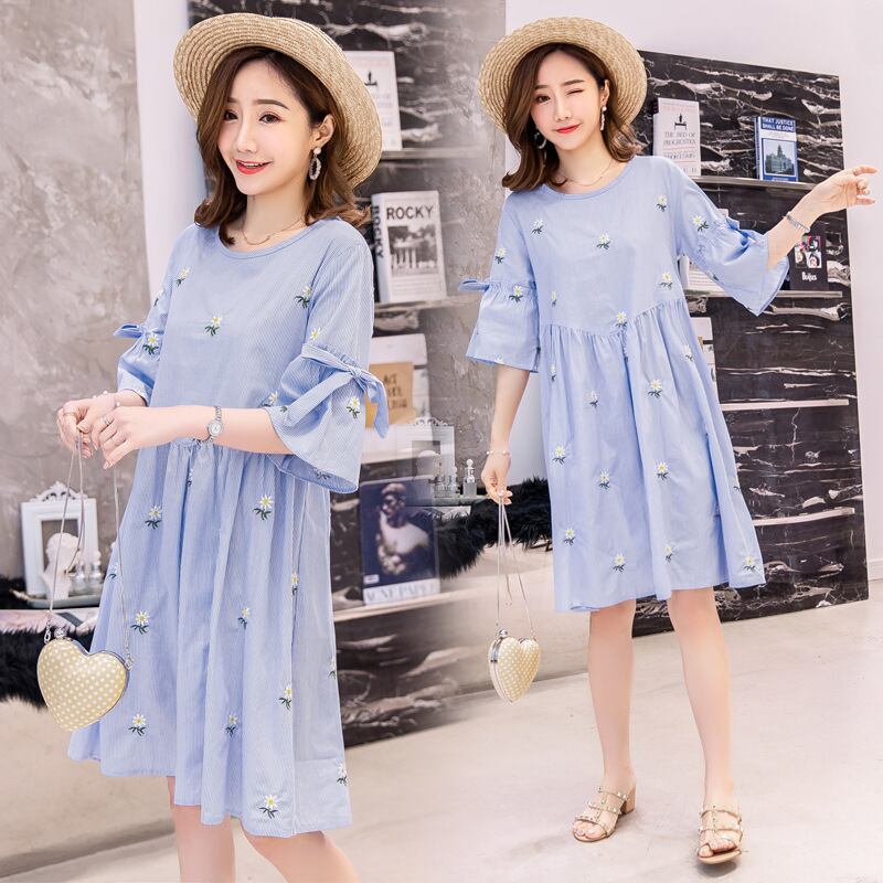 【新作】【送料無料】 新しい綿とリネンのストライプの刺繍のマタニティドレス2019夏バージョンルーズマタニティドレスプラスサイズのマタニティドレス-アリババ コットン 大きめサイズ サマー 夏物 expec245761229815