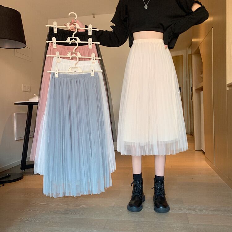 Aラインスカート スプリングオータムハイウェストウェストブラックメッシュプリーツ 春物 秋物 1号婦人95185635038