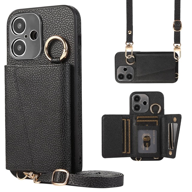 TENSIK iPhone 16 用 ケース 手帳型 ショルダー PUレザー 鏡付き ブラック