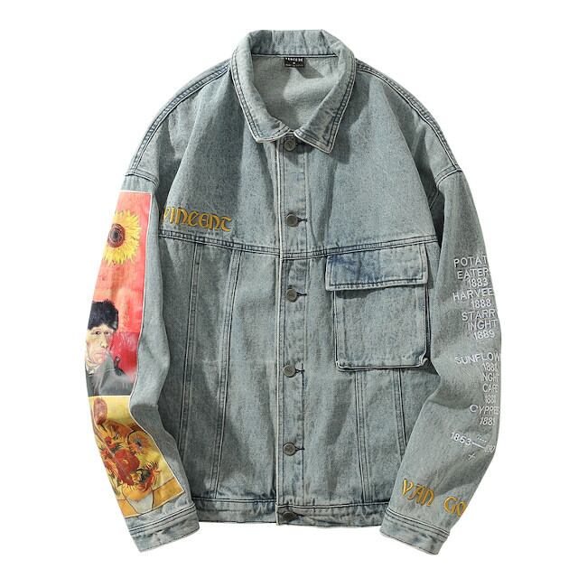 ジャケット アウター メンズ デニム 刺繍 ゴッホ アート 芸術 ユニーク かっこいい ダメージ 色落ちデニム M/L/XL