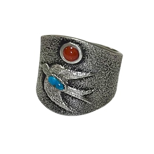 Robert Begay turquoise&coral swallow tufa cast silver ring
