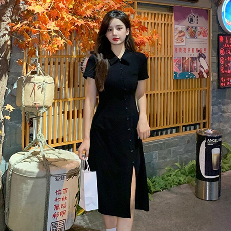 ブラックドレス サマースタンダードスリットスリムロングスカート レトロ 夏物 YY-ファッション16270293130