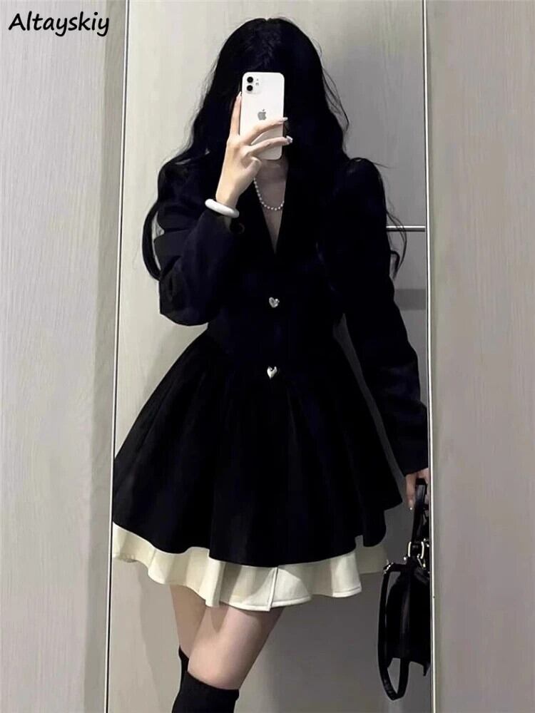 【新作】【送料無料】 長袖黒のドレスの女性の夜会服甘いエレガントシックなパッチワーク定義されたウエストプレッピースタイル女の子素敵な春秋の新 0399699506226