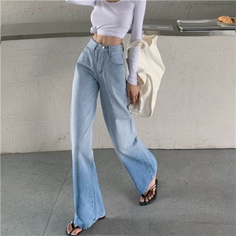 絞り染めブルーワイドレッグジーンズレディース秋モップハイウエストルーズストレートパンツ2020ニューパンツ ブラックストロベリース37820718489