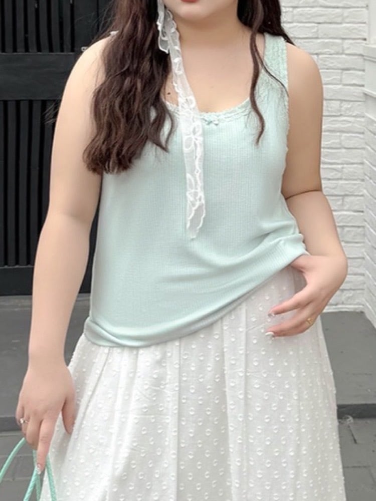 大人の甘さをひとさじ リボン付きレースタンクトップ インナー ノースリーブ リブ 大人 清楚 カジュアル きれいめ 着回し シンプル 大きいサイズ 韓国 CH10651