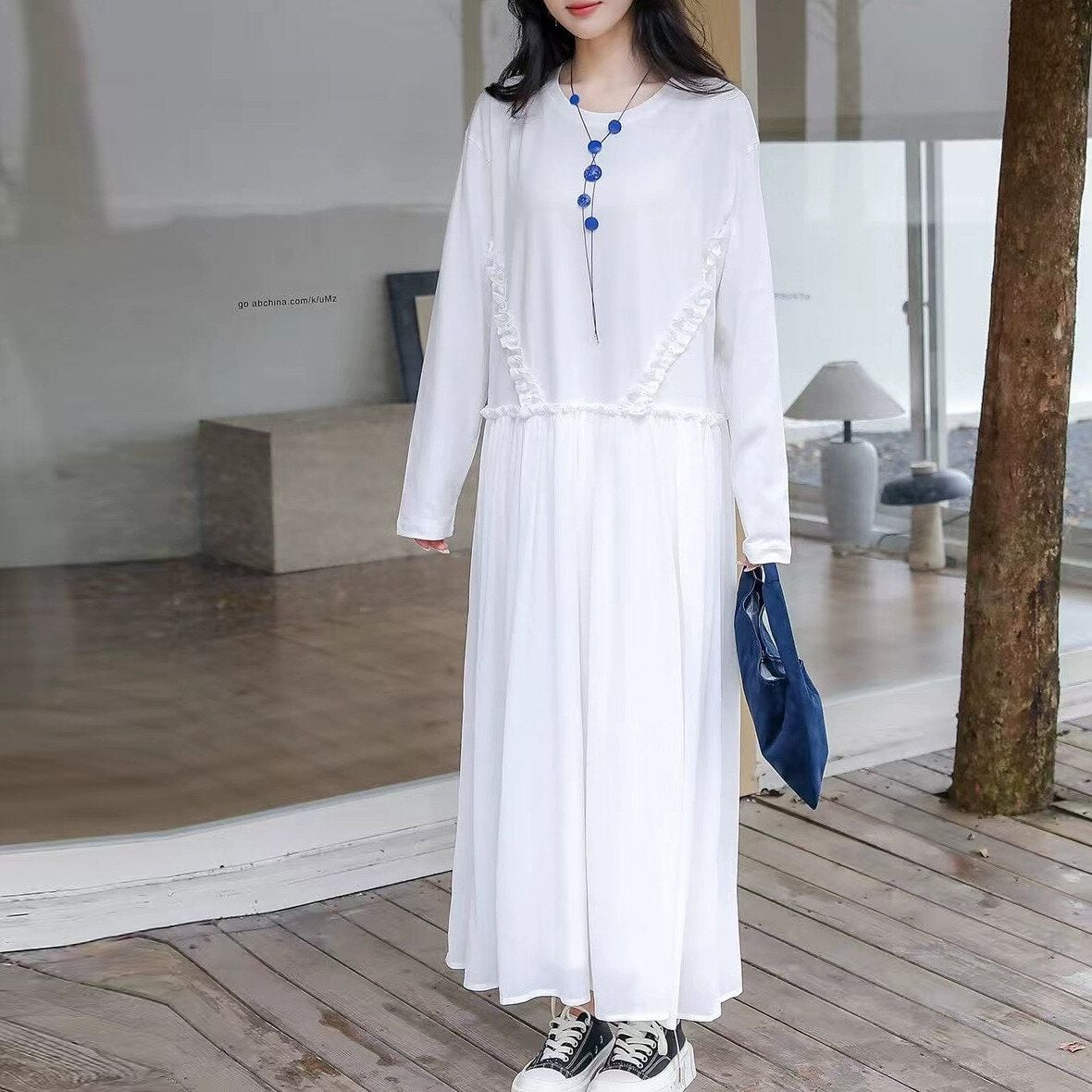 SOLID FRILL LINED ROUND NECK A-LINE LONG PULLOVER DRESS 2colors M-14791