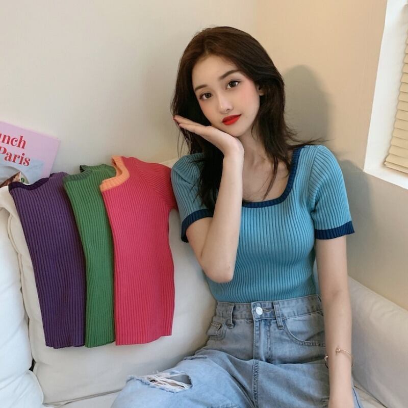 ニットセーター 薄手サマースタイルスタンダードカラースリムトップス レトロ 夏物 スクウェア 1号婦人29859376471