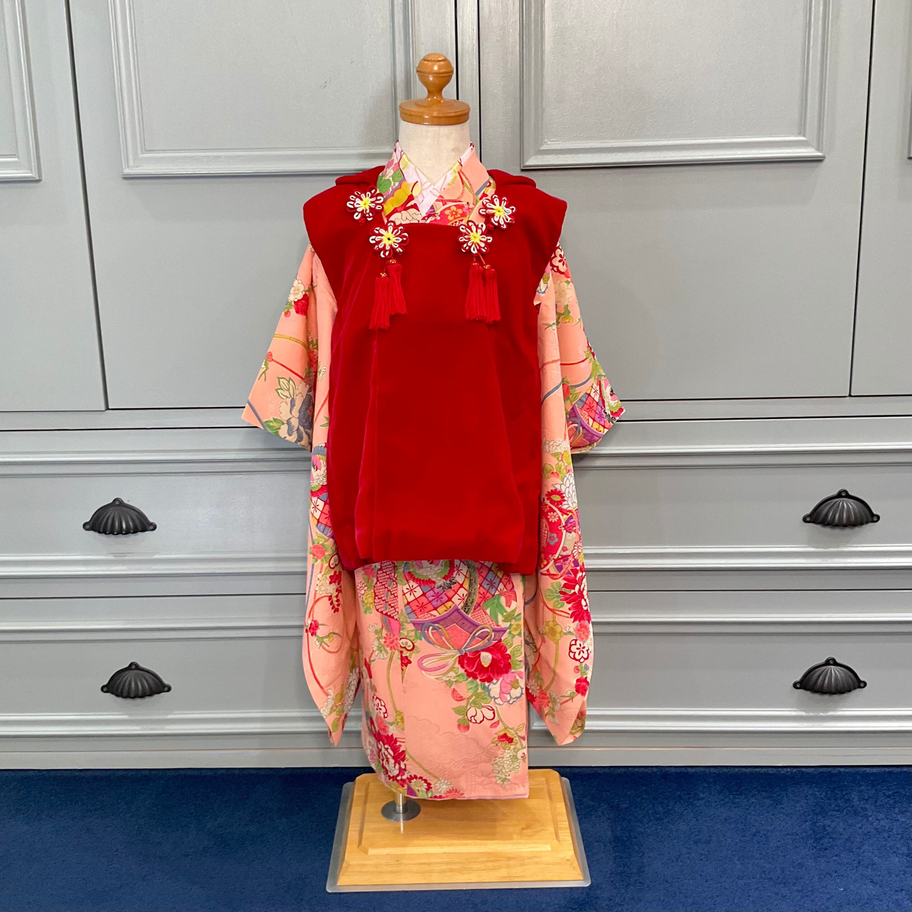 花鼓の舞＊三歳 七五三＊フラミンゴピンク 牡丹 鼓 扇 アンティーク