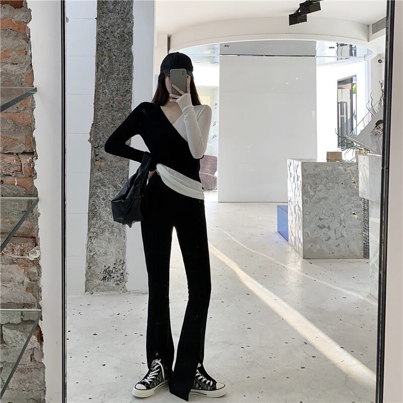 偽の2つの不規則なステッチニットVネックTシャツ女性の2020年秋新しいタイトフィット長袖ボトミングシャツトップ ブラックストロベリース89127910533