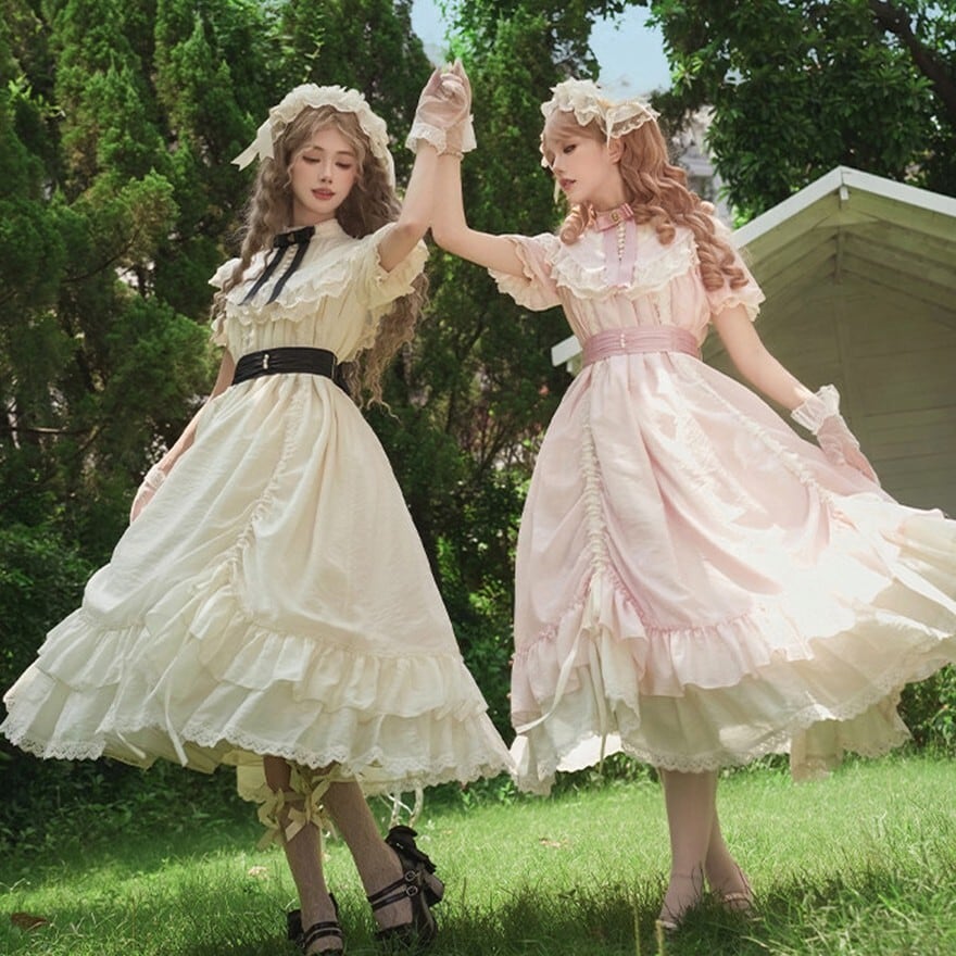 【6点フルセット】甘ロリワンピース スイートロリータ|OP 付け襟 ヘッドドレス レッグウォーマー リボン 姫系 ピンク/白黒