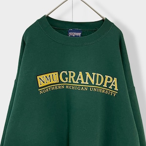 【JANSPORT】カレッジ NORTHERN MICHIGAN UNIVERSITY ノーザン・ミシガン大学 NMU ロゴ プリント スウェット トレーナー プルオーバー L ディープグリーン ジャンスポーツ US古着