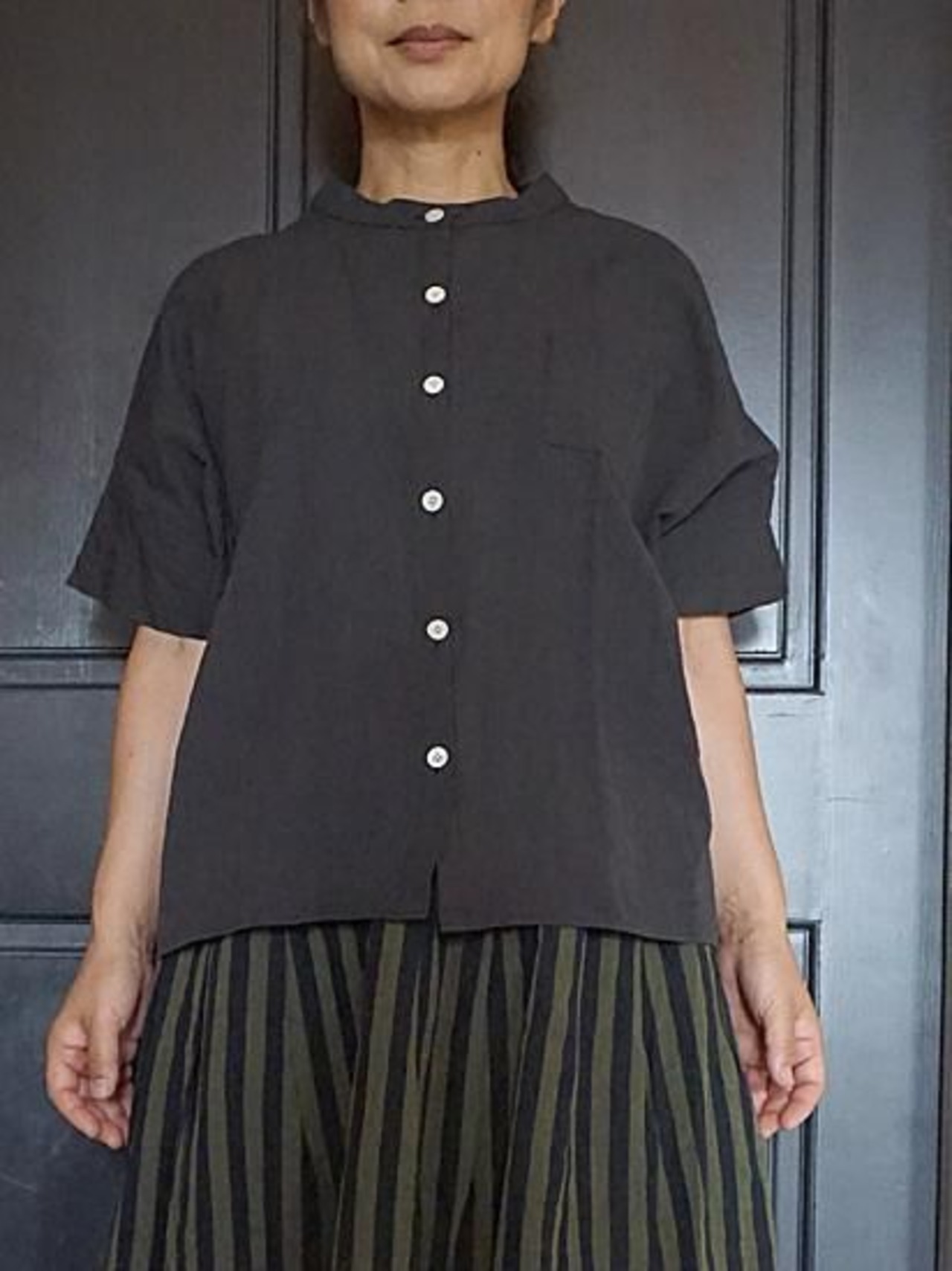 ヤンマ産業 会津木綿スタンドカラーシャツ スミクロ丈5㎝+