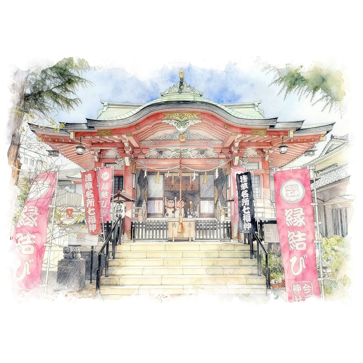 絵画 風景画(街並み) 日本 東京都 台東区今戸神社 インテリアアート額付き 水彩画・油絵風 WAT1567