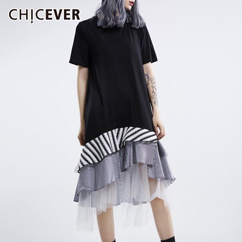 CHICEVERヒットカラーストライプレディースドレスラペル半袖ルーズオーバーサイズミディドレス洋服2020 ショート ハーフスリーブ 6base560734773994