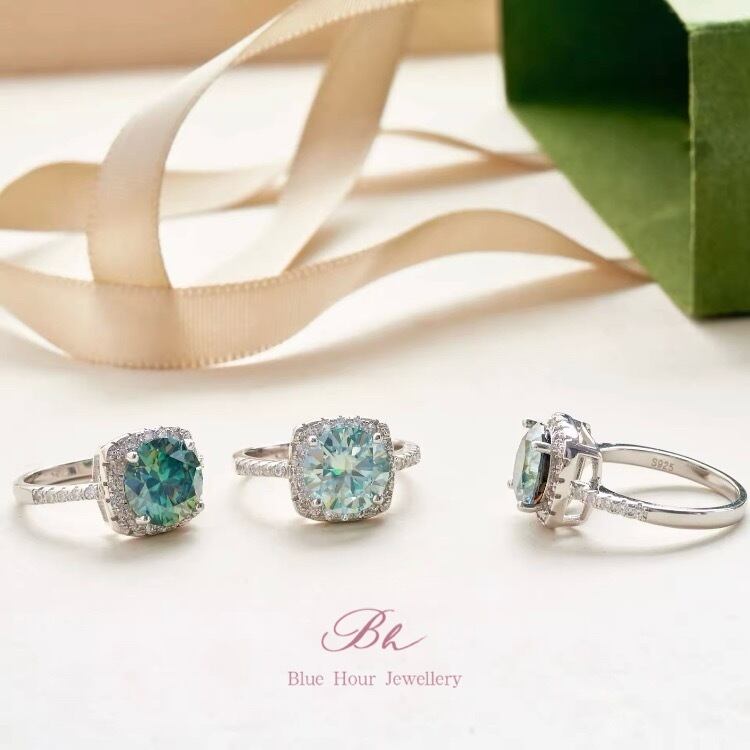 3ct モアッサナイト ラウンド ヘイローリング ブルー グリーン 3ct モアッサナイト ラウンド ヘイローリング ブルー グリーン