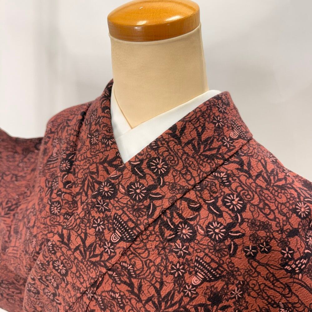 小紋 単衣 洗える着物 裄66cm 身丈156.3cm 花柄 お洒落着 普段着 ポリエステル エンジ 美品 M サイズ 6426