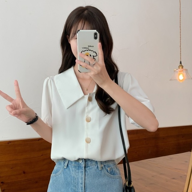 カラーホワイトスリーブシャツ レディースサマー薄手トップス 夏物 1号婦人25719464155