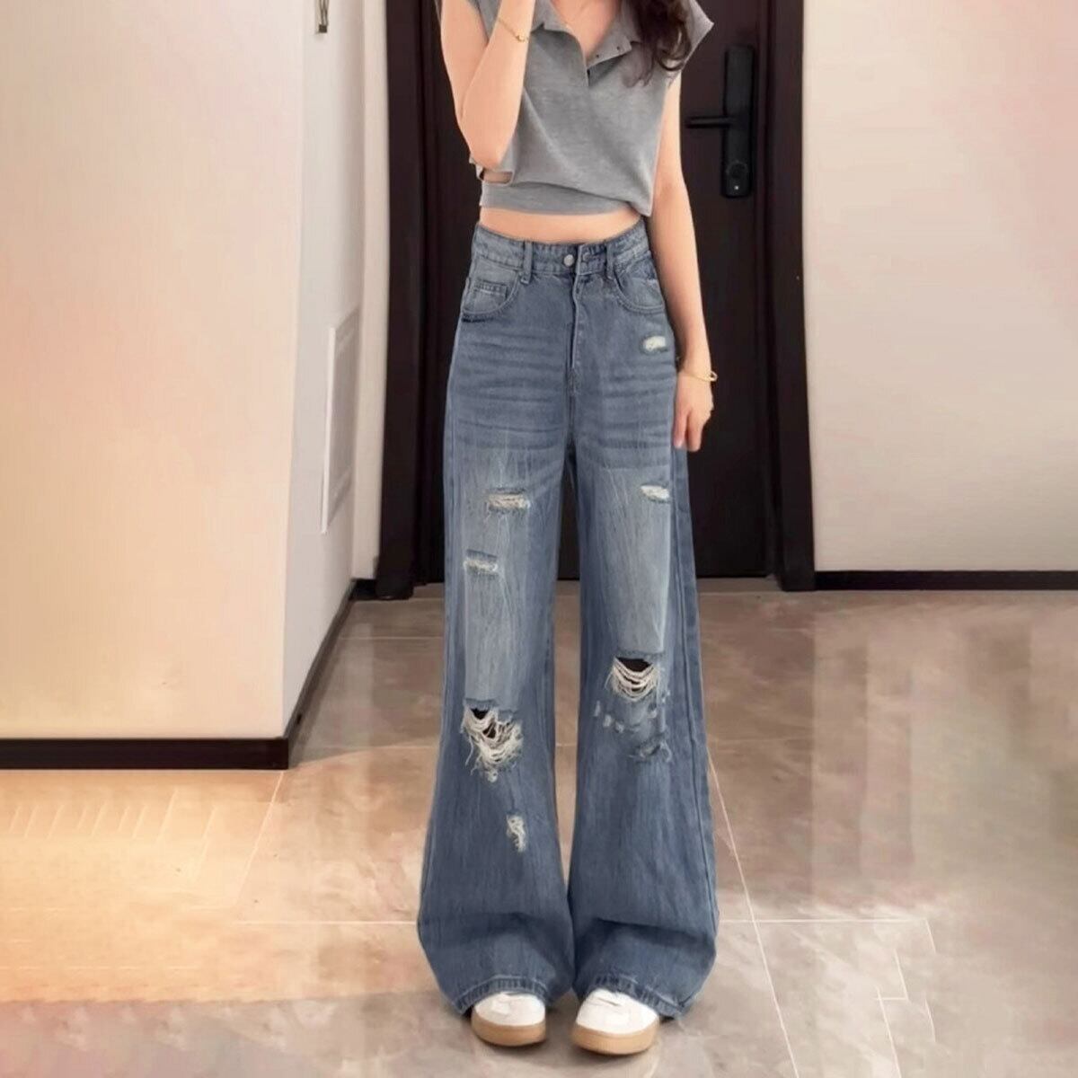 ダメージデニム ジーンズ レディース 春夏秋冬 韓国 ストリート系 アメカジ 大人 カジュアル おしゃれ レトロ ヴィンテージ デニムパンツ ハイウエスト ストレートデニム 大人可愛い 大人女子