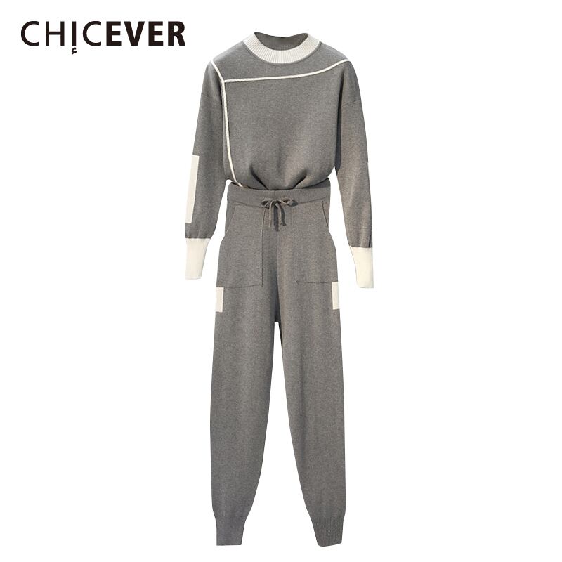 CHICEVERストライプツーピースセットレディースOネック長袖ヒットカラープルオーバーレースアップルーズパンツセット2020 ロング 6base524323853137