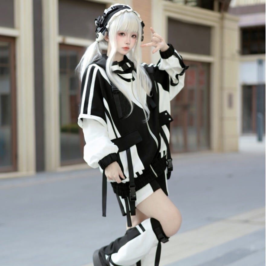 【あげは】すの ソフビ 服 オーダー 電脳系パンク｜配色切替フーディ4点セット（アウター＋ショートパンツ