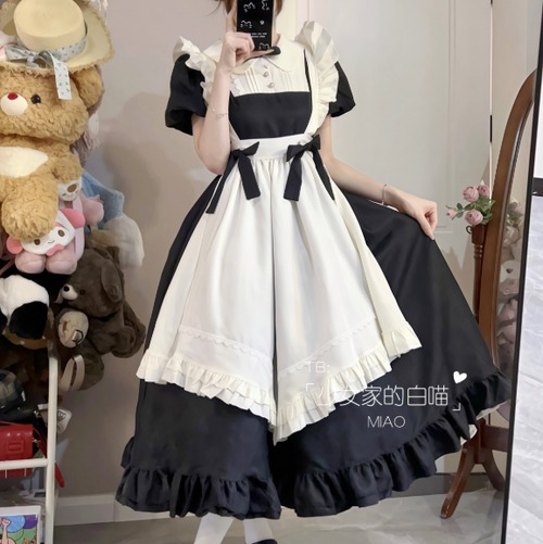 コスプレ♡肩フリル♪つけ袖付きロング丈メイド服　kos7