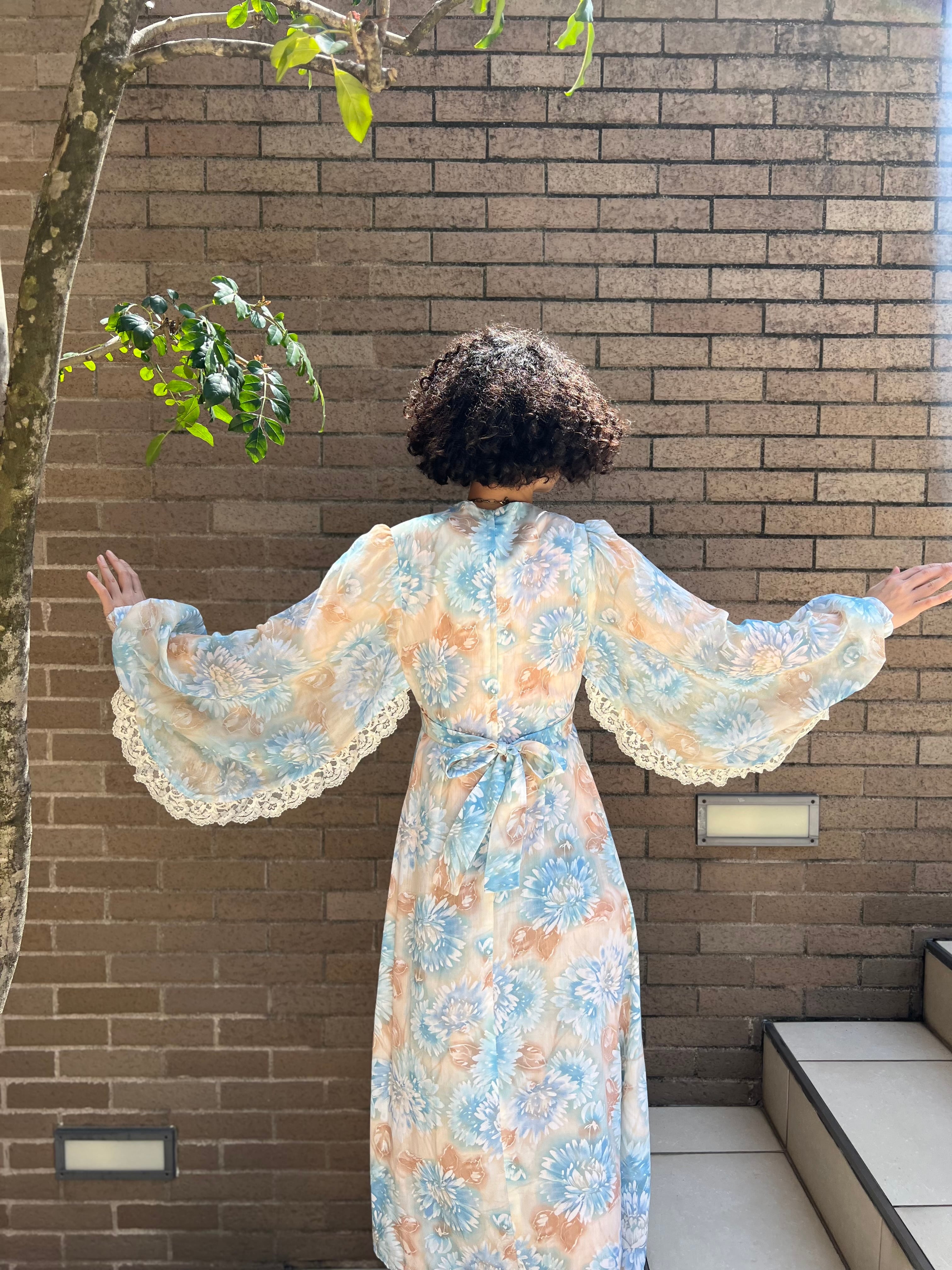 70s floral × lace dress ( ヴィンテージ 花柄 × レース ワンピース