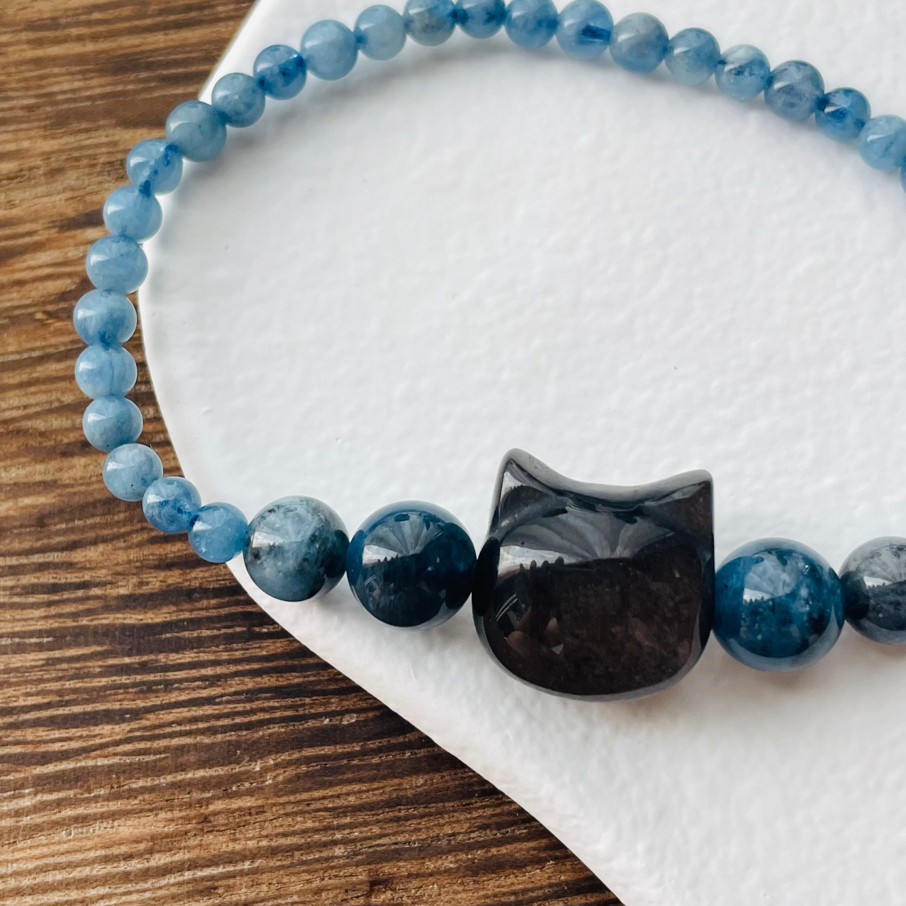 4318-④猫×パワーストーン|ブレスレット|浄化・人間関係| 猫雑貨 猫モチーフ 猫グッズ アクセサリー 天然石 3月誕生石 プレゼント ギフト レディース