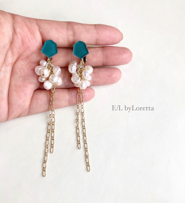 KAKERA 淡水パール ×chain tassel pierce/earring(Green) [cc]