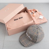 ミュウミュウ キャップ チェック ウール ベージュ ホワイト ブラック