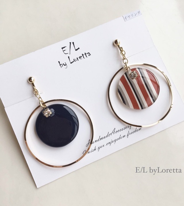 Circle big hoop stripe pierce/earring(Stripe×Navy)