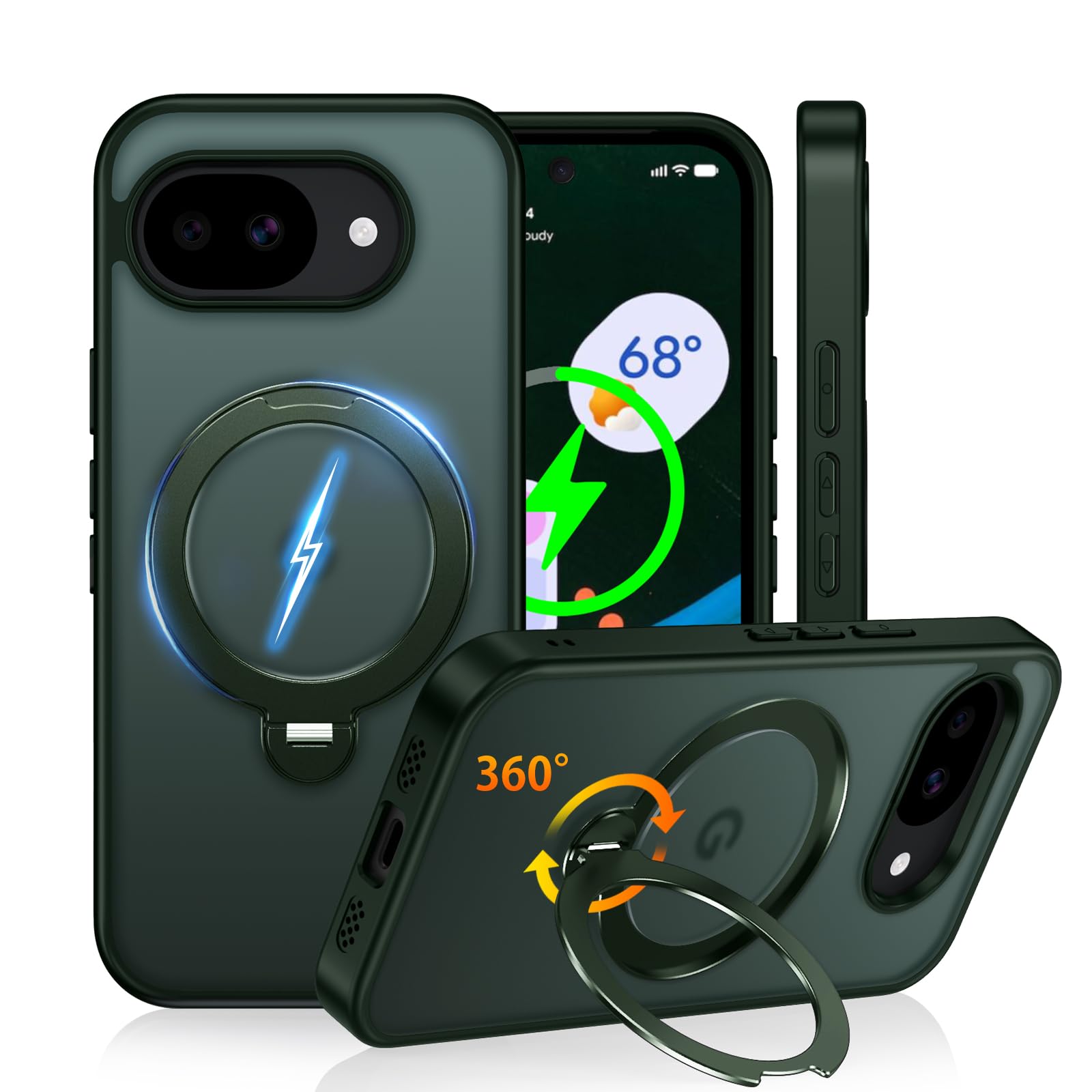 Fadkzyxr Google Pixel 10a 用 ケース「MagSafe対応・360°定点回転スタンド」ワイヤレス充電 縦横両対応【グリーン】