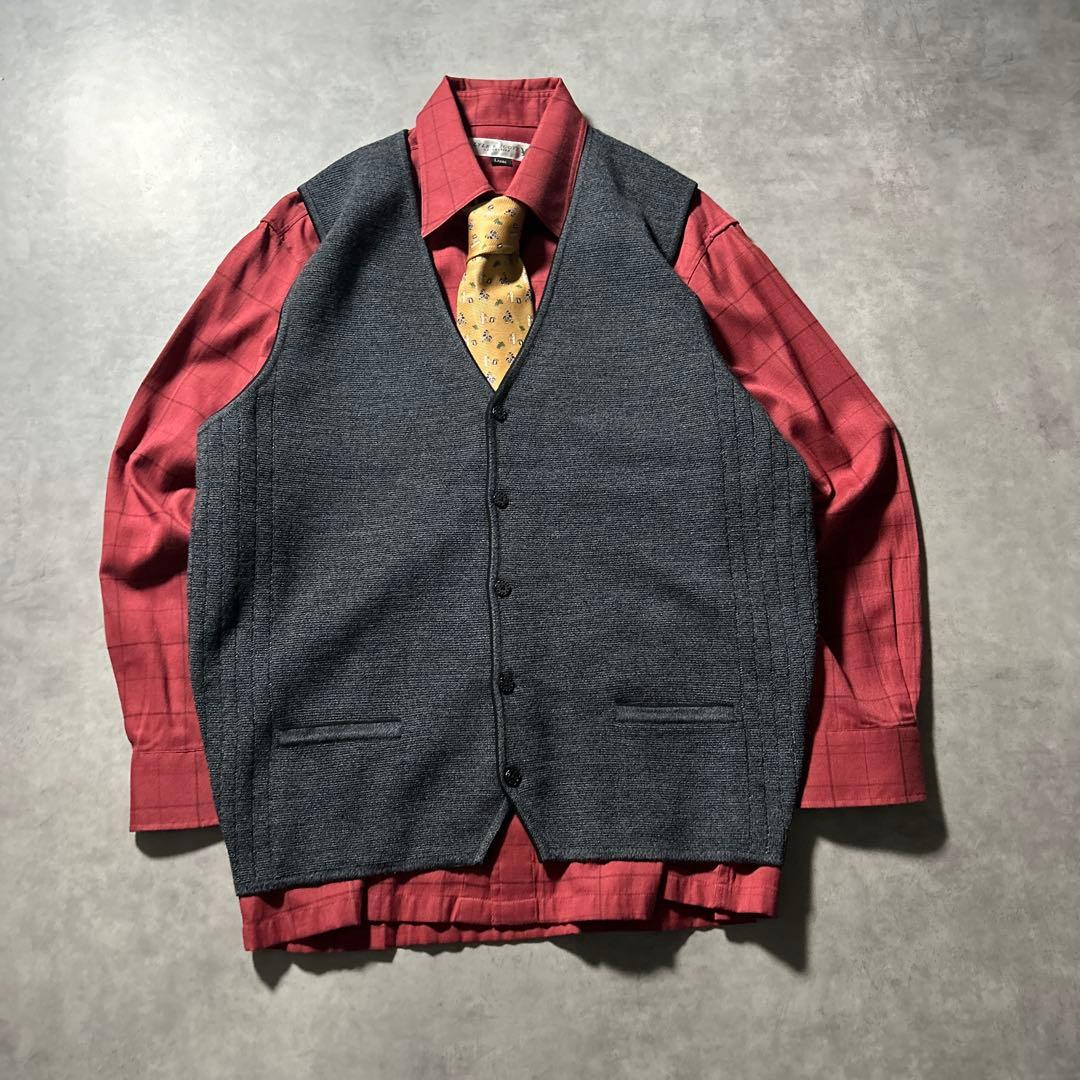 ヴィンテージ チェック レッド グレー ベスト ネクタイ シャツ セット