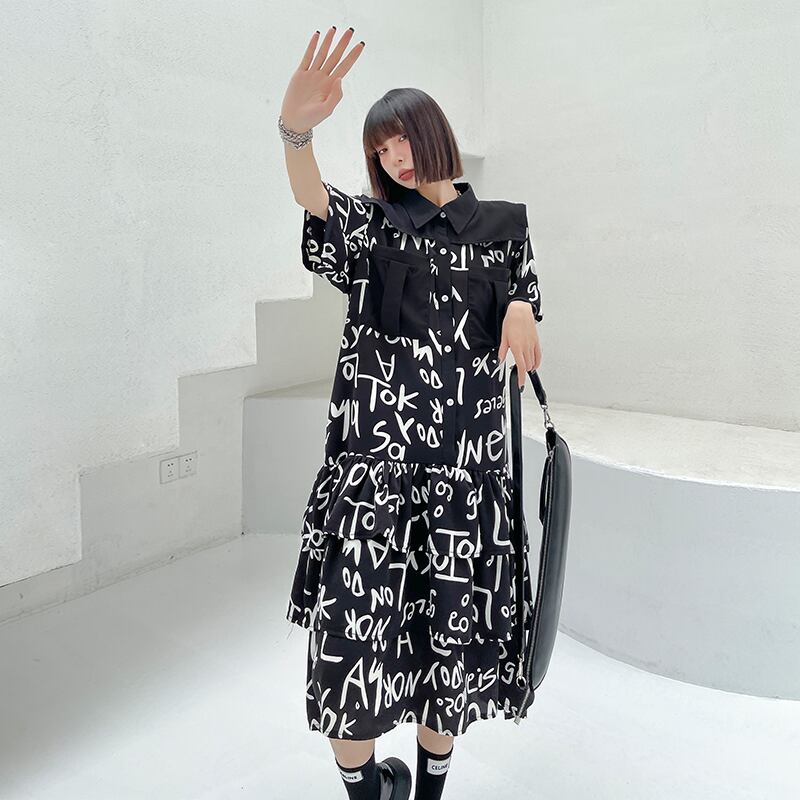 ブラックドレス ロングサマープリントパターンカラールーズスリムスカート 夏物 ラブタオタオダレンハウス16293397228