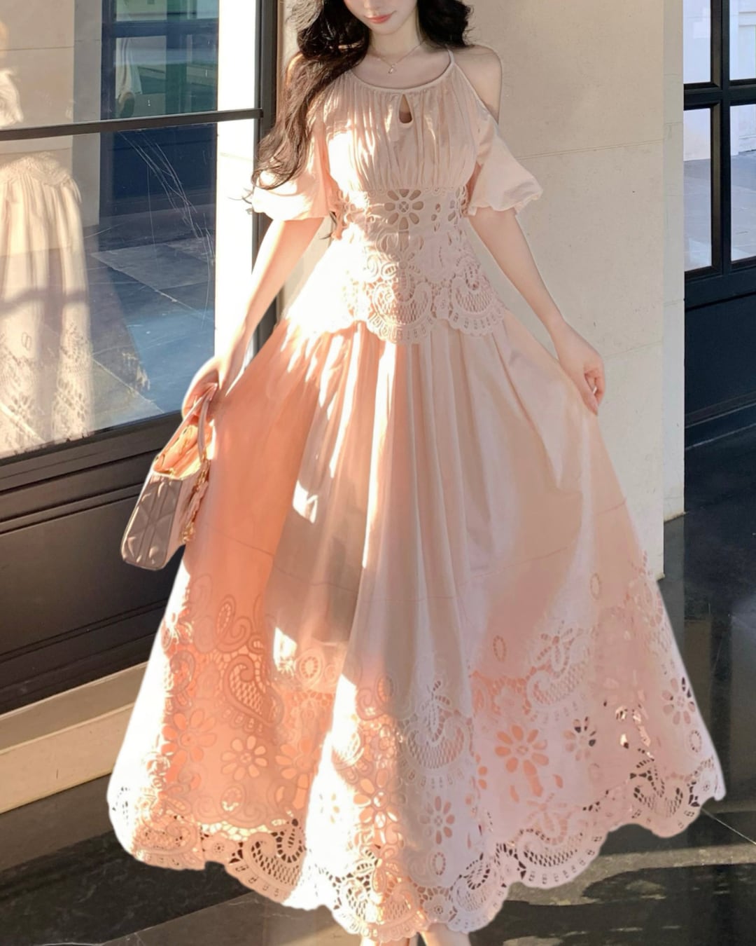 ライトピンクオフショルダー レース マキシワンピース 2608824