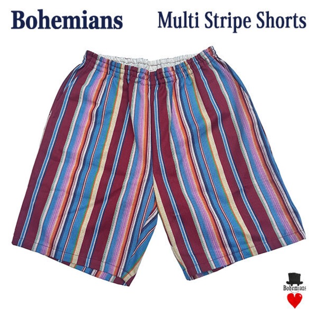 MULTI STRIPE SHORTS RED ショートパンツ ドビー生地 UNISEX 男女兼用 BOHEMIANS ボヘミアンズ JAPAN