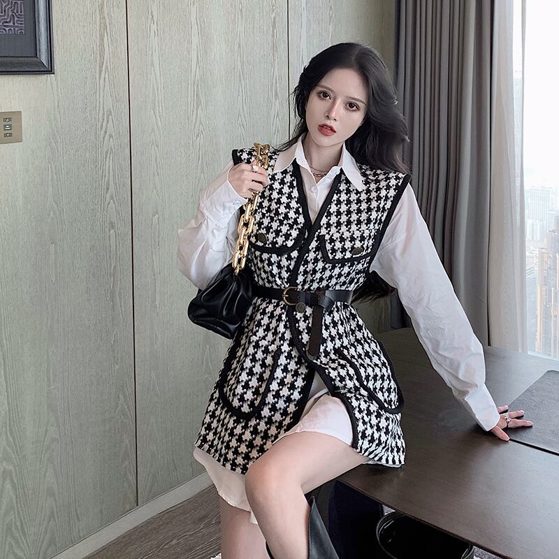 ツイードミドル丈ウエストスリムフィット千鳥格子ベストベストジャケットレディース2020秋新バージョンチョッキ ブラックストロベリース45874782328