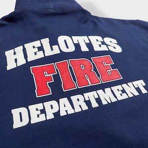 【JERZEES】ハーフジップ ロゴ 消防署 消防士  バックプリント スウェット プルオーバー L HELOTES FIRE DEPARTMENT ネイビー US古着