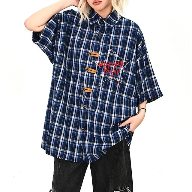 レトロスターパッチワークシャツトップス 2col   R01687