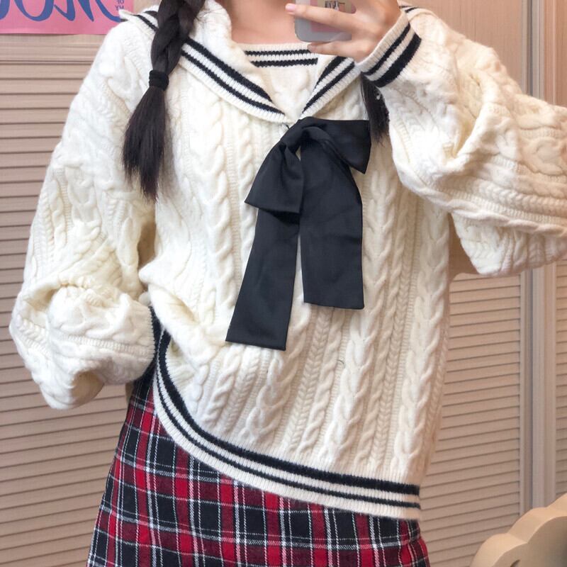 オータムウィンタースタイルスタンダードルーズネイビーカラーニットセーター 格子柄スカート レトロ 秋物 冬物 萌量不足78839027432