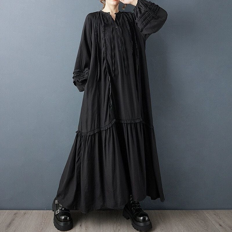 BLACK FRILL PLEATS HALF BUTTON A-LINE MAXI SHIRT DRESS 1color M-14962