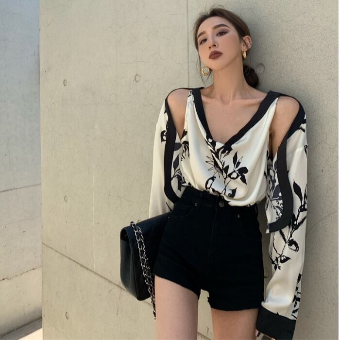 スタンダードVネックサマーシャツ カジュアルシフォントップス レディース ロング レトロ 夏物 ガールズファッション16843428413