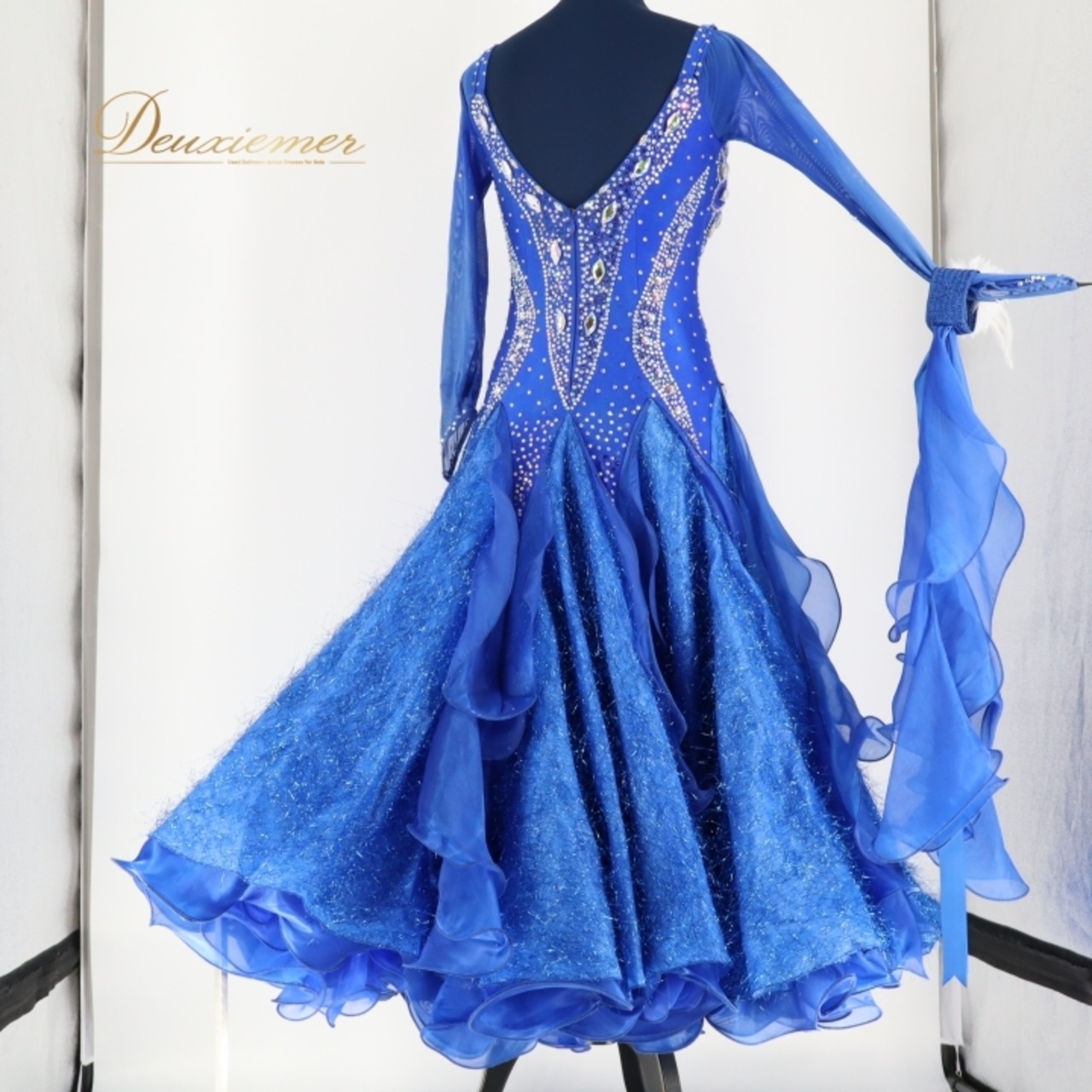 社交ダンス 衣装 スタンダードドレス スタンダード ドレス ワンピース 青 フロート デモ 競技 パーティ 発表会 レース フリル ブルー系 おしゃれ 競技用衣装 レディース ダンスイベント