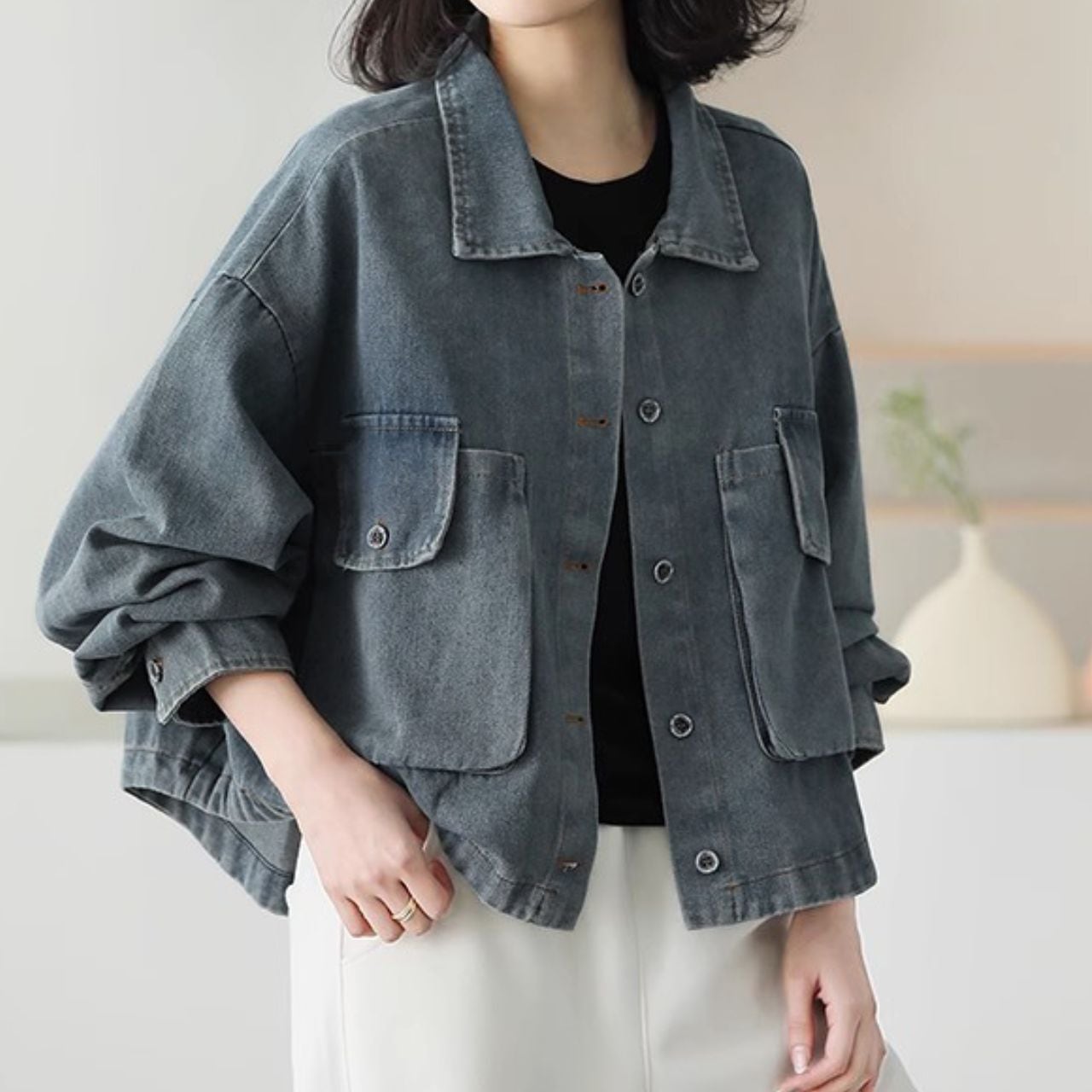 デニムブルー ウォッシュ加工 ワイドシルエットジャケット Ln00333