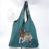 Jubilee 犬デザイン刺繡コーデュロイトートバッグ グリーン